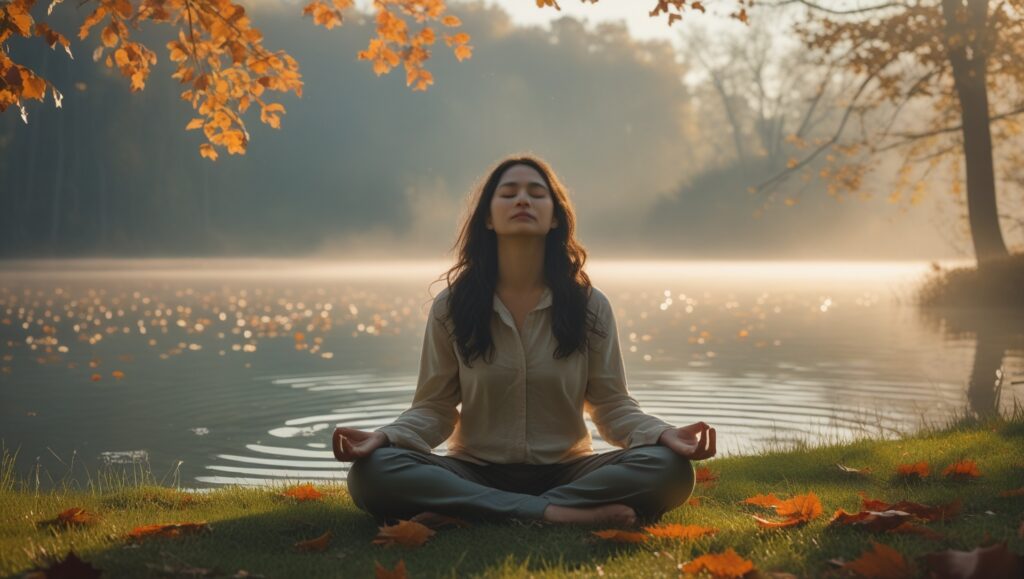 A person sitting cross-legged on a grassy lakeshore