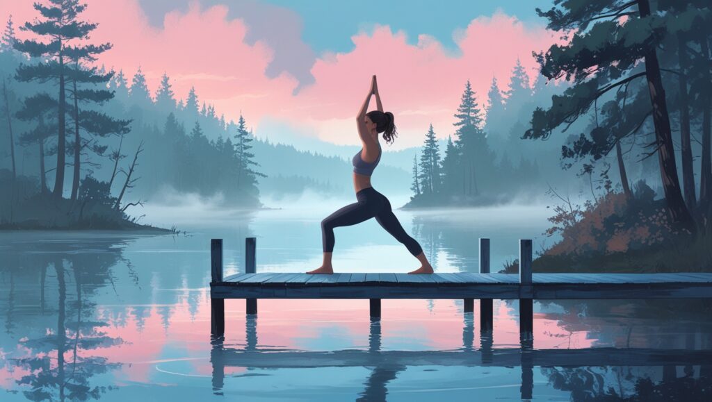 A woman in a yoga pose on a dock extending into a calm lake