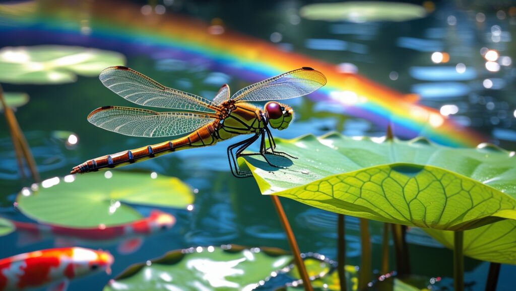 Close-up of a dragonfly resting on a lily pad in a park lake