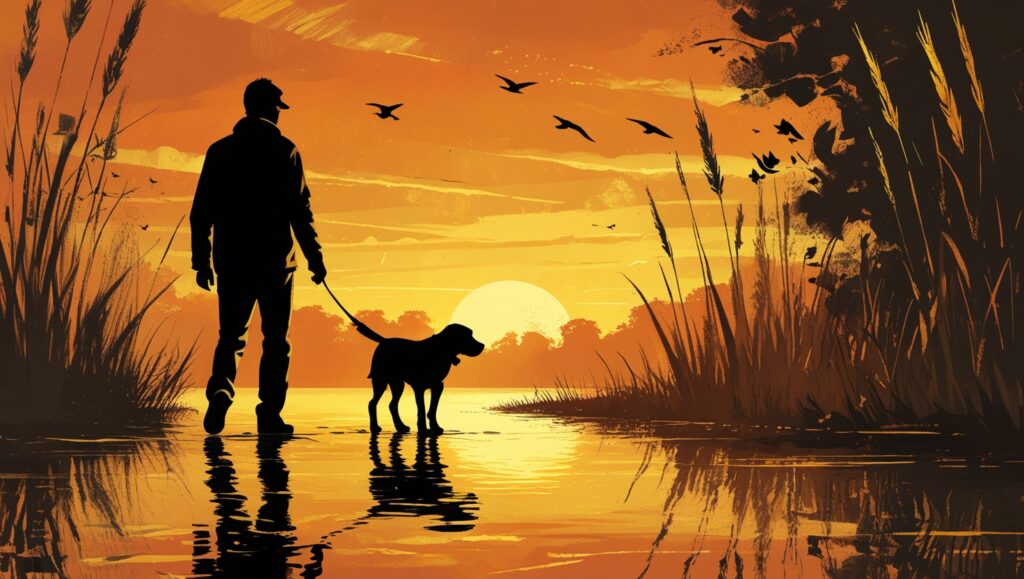 Silhouette of a person walking a dog along a park lake at sunset